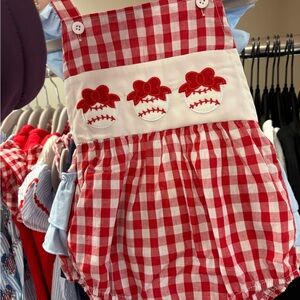 Red Gingham Baby Romper with Baseball Appliqués